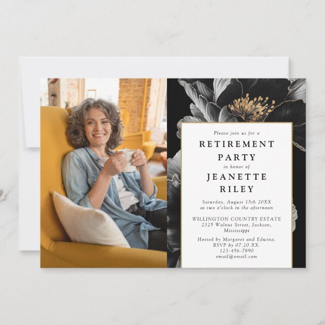 Elegant Modern Floral Retirement Party Photo Invitation (Front)