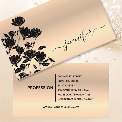 Elegant Modern Floral Rose Gold Black Flowers Cute Business Card