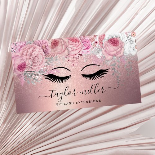 Elegant modern floral rose gold glitter eyelashes  business card