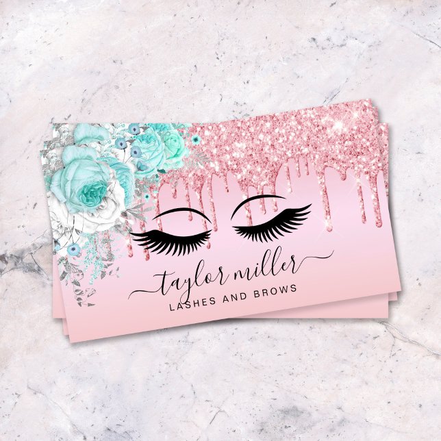 Elegant modern floral rose gold mint eyelashes  business card (Creator Uploaded)