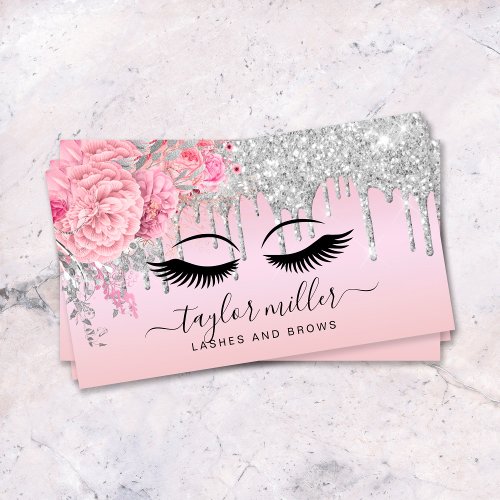 Elegant modern floral rose gold silver eyelashes business card