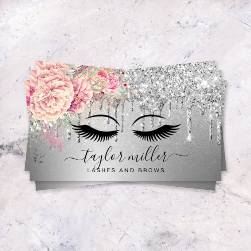 Elegant modern floral rose gold silver eyelashes business card