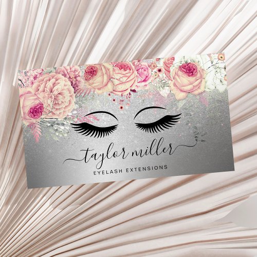 Elegant modern floral silver glitter eyelashes  business card