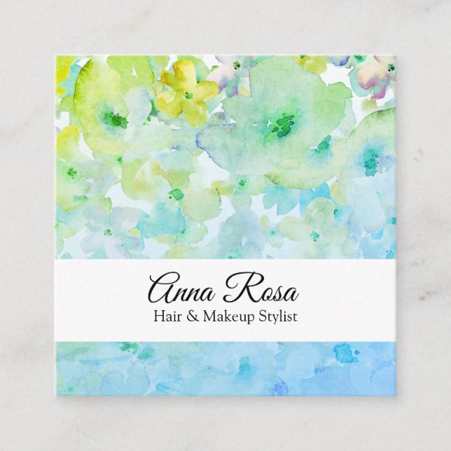 *~* Elegant Modern Floral Turquoise Green Beauty Square Business Card (Front)
