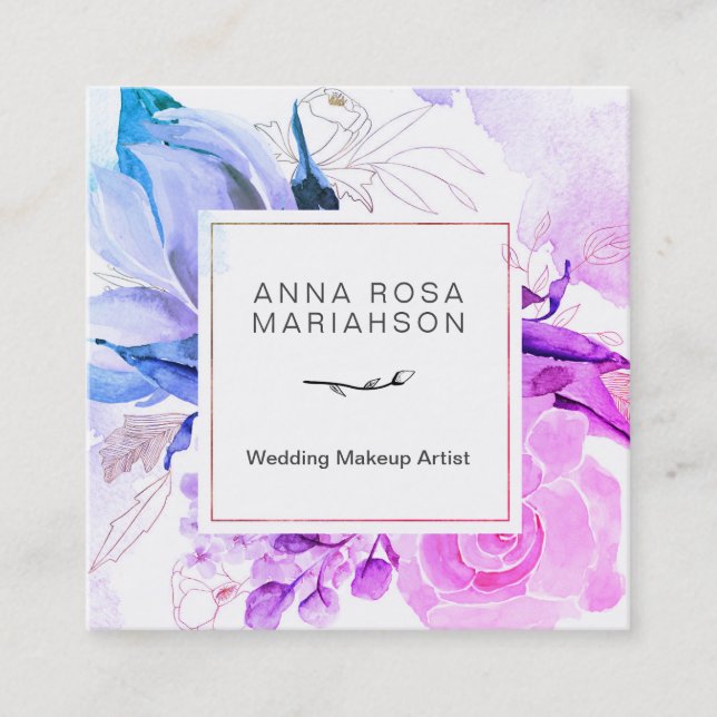 *~* Elegant Modern Floral Vibrant Watercolor Square Business Card (Front)