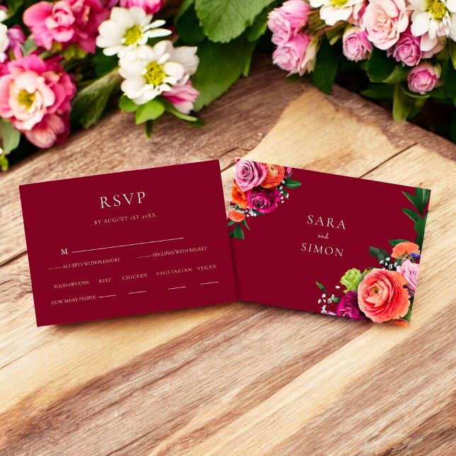 Elegant modern floral Wedding RSVP  (modern burgundy wedding rsvp card with food options )