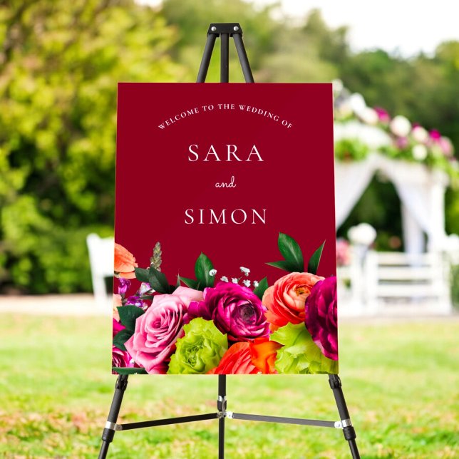 Elegant  modern floral wedding welcome sign  (summer burgundy wedding welcome sign )