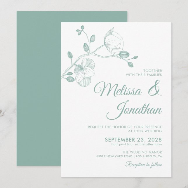 Elegant modern floral white green orchids wedding invitation (Front/Back)