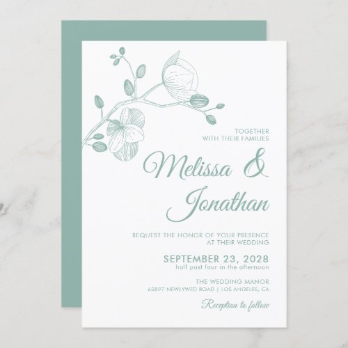 Elegant modern floral white green orchids wedding invitation