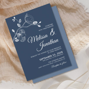 Elegant modern floral white orchids wedding blue invitation