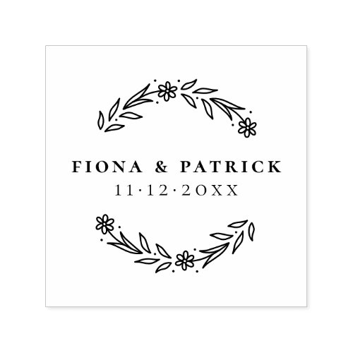 Elegant Modern Floral Wreath Names  Wedding Date Self_inking Stamp