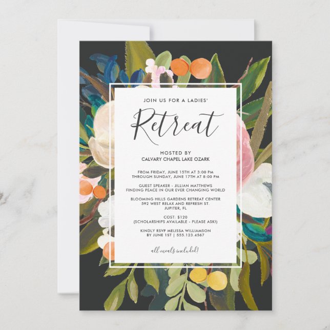 Elegant Modern Florals Ladies' Retreat Black Invitation (Front)