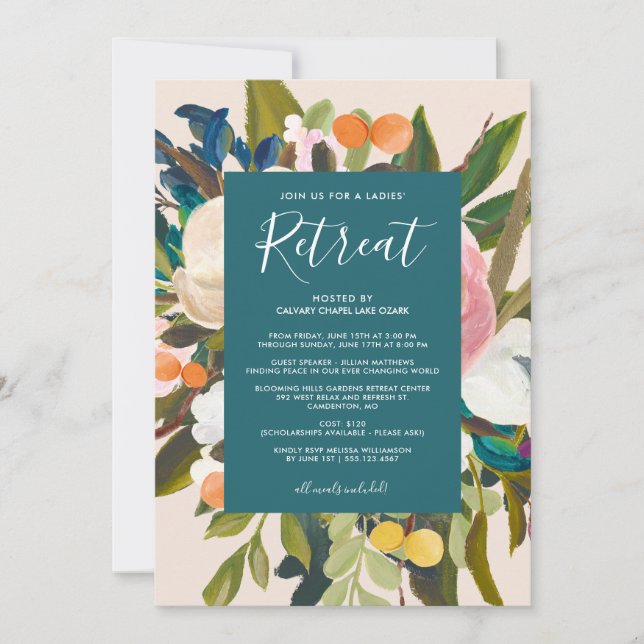 Elegant Modern Florals Ladies' Retreat Teal Invitation (Front)