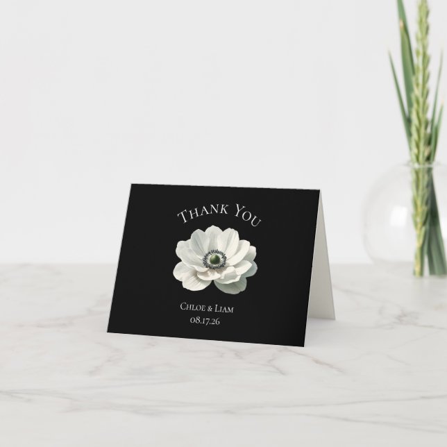 Elegant Modern Flower Black & White Wedding Thank You Card (Front)