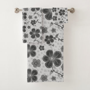 Elegant, Modern Flower Pattern on Light Gray Bath Towel Set