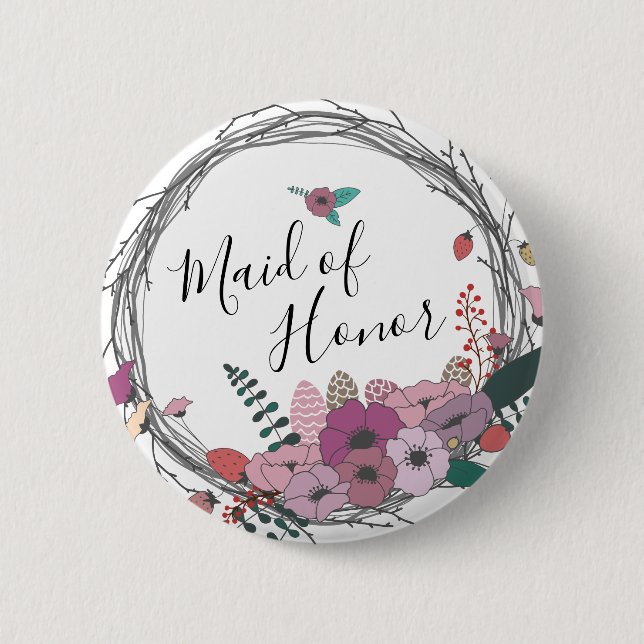 Elegant & modern flower wreath maid of honor button (Front)