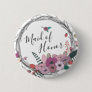 Elegant & modern flower wreath maid of honor button