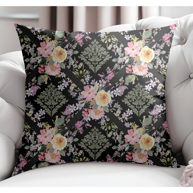 Elegant Modern Flowers and Floral Damask Black Throw Pillow (Creator Uploaded)