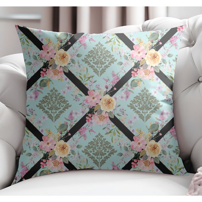 Elegant Modern Flowers and Floral Damask Blue Throw Pillow (Creator Uploaded)