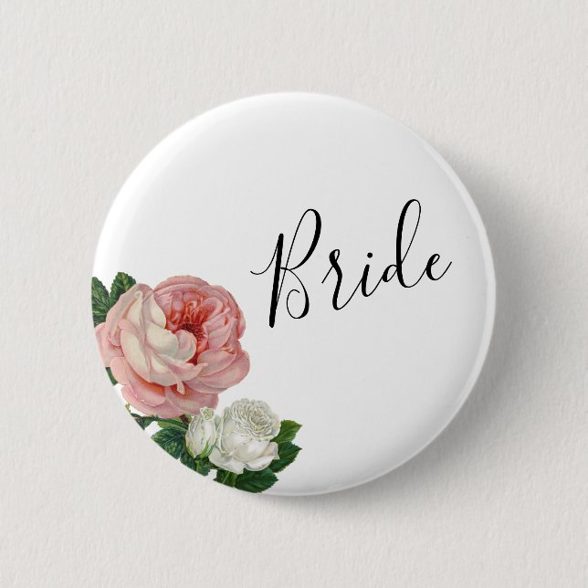 Elegant & modern flowers pink roses bride button (Front)