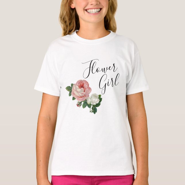 Elegant & modern flowers pink roses flower girl T-Shirt (Front)