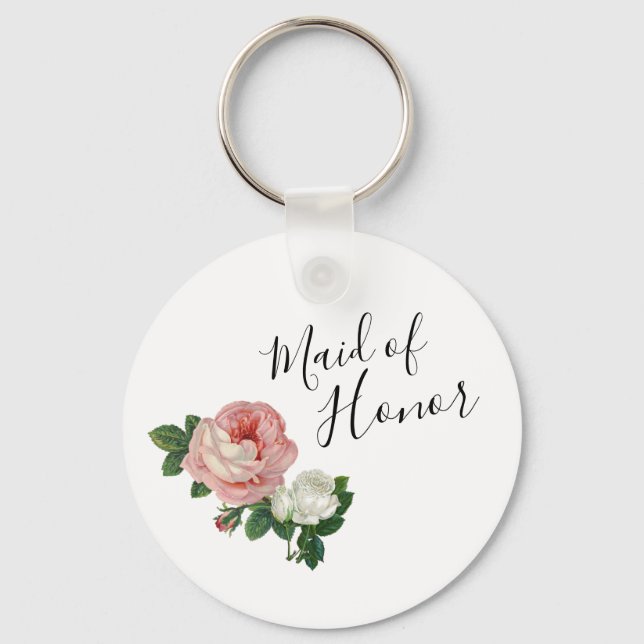 Elegant modern flowers pink roses maid of honor keychain (Front)