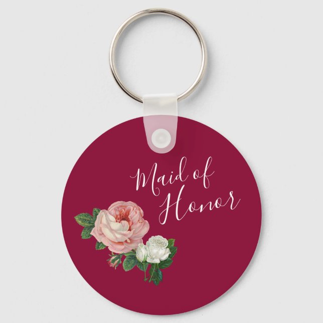 Elegant modern flowers pink roses maid of honor keychain (Front)