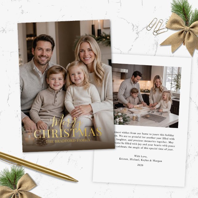 Elegant Modern Foil Photo Christmas Card (modern elegant foil merry christmas card with full photo on front and back with note and photo)