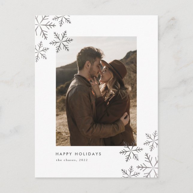 Elegant Modern Foil Snowflakes Photo  Holiday Postcard (Front)