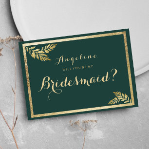 Elegant modern forest green golden leaf Bridesmaid Invitation