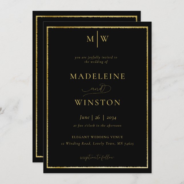 Elegant Modern Formal Initials Black Gold Wedding Invitation (Front/Back)
