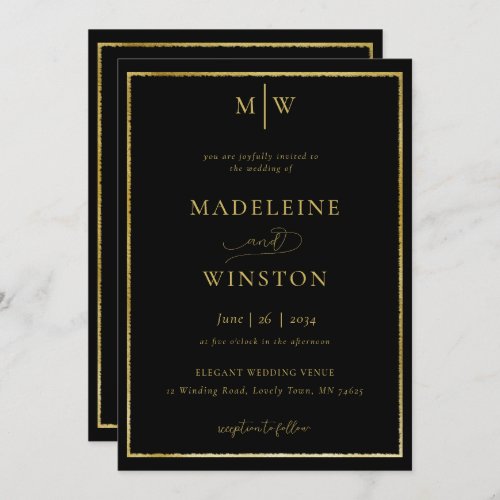 Elegant Modern Formal Initials Black Gold Wedding Invitation
