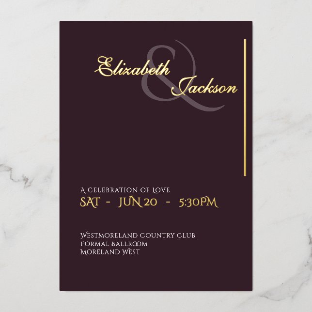 Elegant Modern Formal Plum Noir Wedding Gold Foil Invitation (Front)