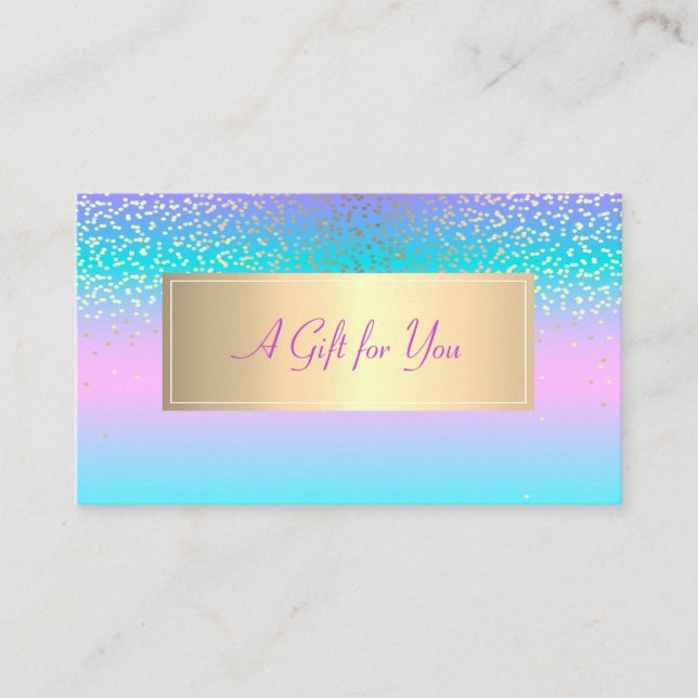 Elegant Modern Frame,Gold Confetti Holographic Discount Card (Front)
