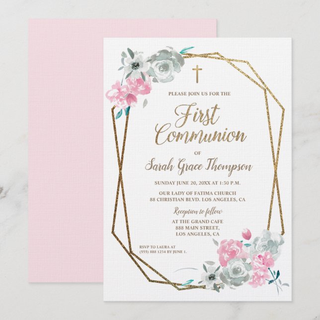Elegant  Modern Frame WaterColor First Communion Invitation (Front/Back)