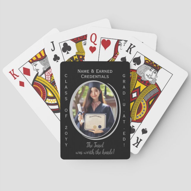 Elegant Modern, Fun Black, Silver Graduation Photo Poker Cards (Back)