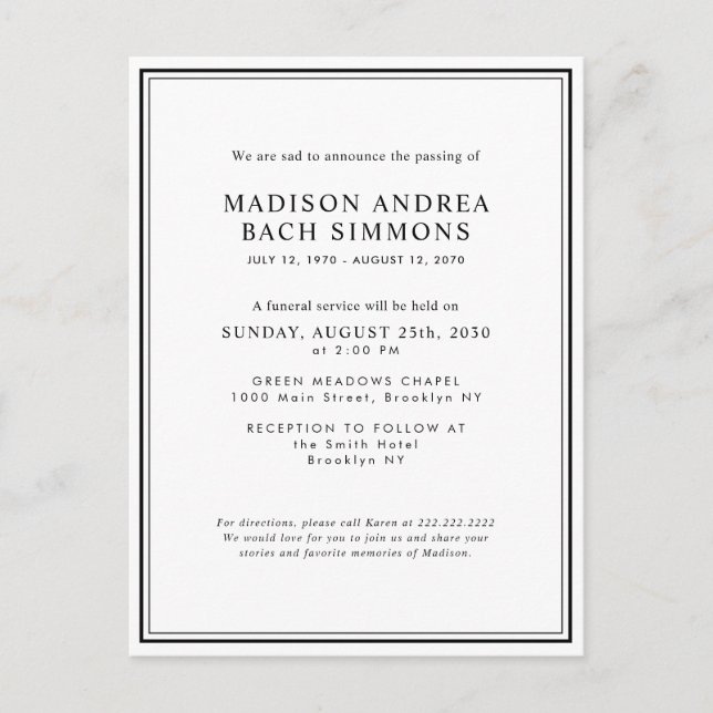 Elegant Modern Funeral Service Celebration of Life Postcard (Front)