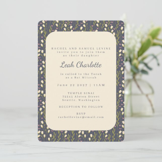 Elegant Modern Garden Floral Earthy Bat Mitzvah Invitation (Standing Front)