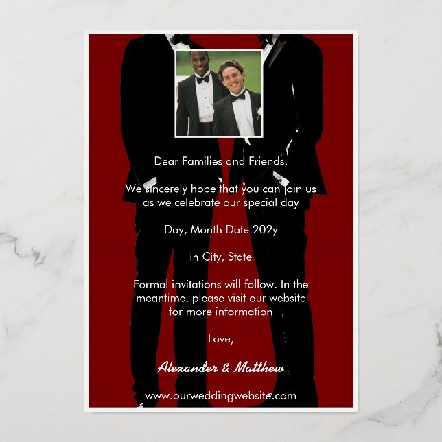 Elegant Modern Gay Men Wedding Gold Foil Invitation (Back)