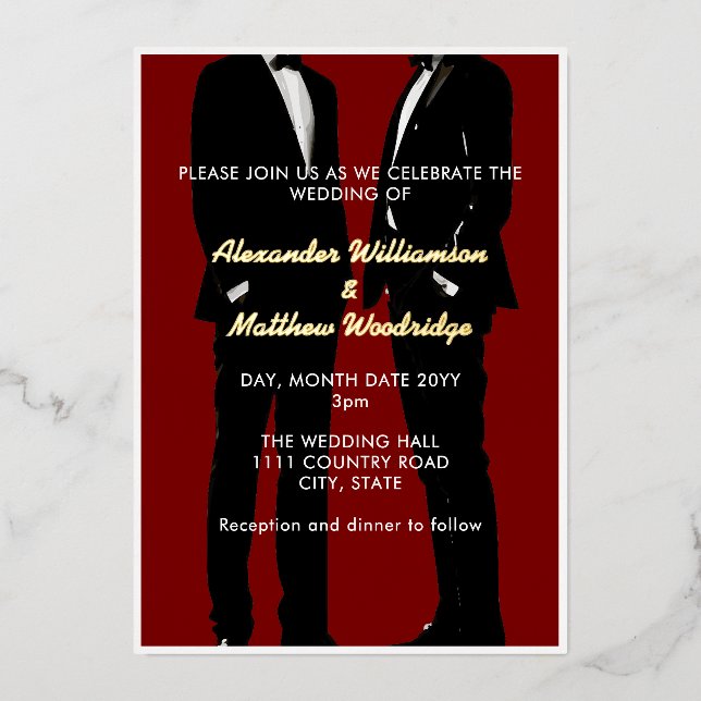 Elegant Modern Gay Men Wedding Gold Foil Invitation (Front)