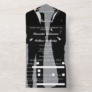 Elegant Modern Gay Men Wedding Gray Black All In One Invitation