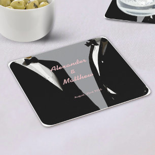 Elegant Modern Gay Men Wedding Gray Black Tuxedo Square Paper Coaster