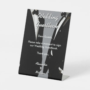 Elegant Modern Gay Men Wedding Gray Guestbook Pedestal Sign
