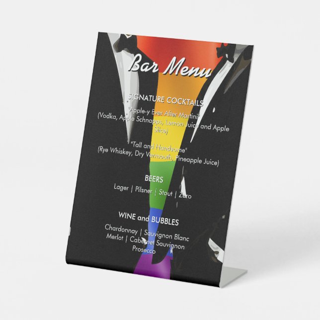 Elegant Modern Gay Men Wedding Rainbow Bar Menu Pedestal Sign (Front)