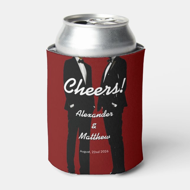 Elegant Modern Gay Men Wedding Rainbow Can Cooler (Can Front)
