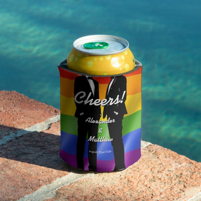 Elegant Modern Gay Men Wedding Rainbow Can Cooler (In Situ Pool)