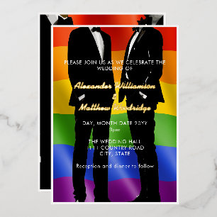 Elegant Modern Gay Men Wedding Rainbow Gold  Foil Invitation