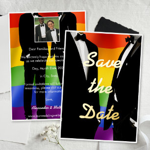 Elegant Modern Gay Men Wedding Rainbow Gold Foil Invitation