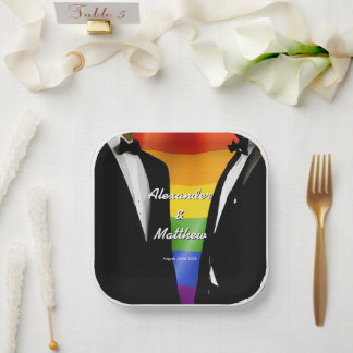Elegant Modern Gay Men Wedding Rainbow Paper Plates