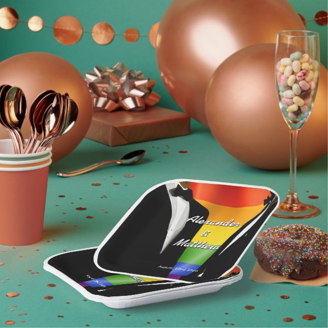 Elegant Modern Gay Men Wedding Rainbow Paper Plates (Multi)